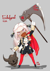  absurdres ascot axe blonde_hair blue_eyes cape chibi commentary_request death_knight_(fire_emblem) edelgard_von_hresvelg female fire_emblem fire_emblem:_three_houses garreg_mach_monastery_uniform gloves hair_ornament hair_ribbon highres l.wolf long_hair looking_at_viewer pantyhose photoshop_(medium) red_cape red_pantyhose ribbon simple_background solo uniform 