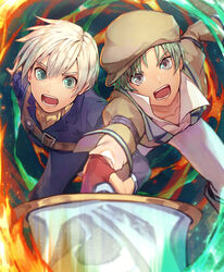  2boys attack belt beret coat commentary_request fingerless_gloves gloves green_hair grey_eyes hat highres holding holding_sword holding_weapon incoming_attack jacket male_focus multiple_boys open_mouth pants penguu_(green528) ruca_milda shoes spada_belforma sword tales_of_(series) tales_of_innocence teamwork weapon white_hair 