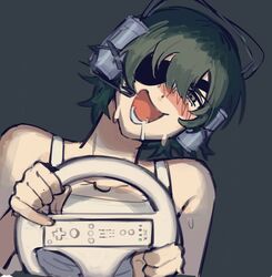  beer_can blush can chainsaw_man controller drink_can drunk eyepatch female game_console game_controller grey_background hair_over_one_eye headset highres himeno_(chainsaw_man) liowig looking_at_viewer makeshift_headset messy_hair open_mouth short_hair simple_background solo steering_wheel sweat sweatdrop tank_top white_tank_top wii_racing_wheel wii_remote 