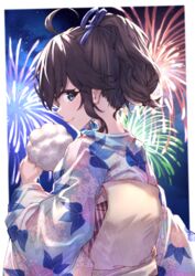  aerial_fireworks ahoge black_hair blue_eyes blue_kimono blue_ribbon commentary_request cotton_candy female fireworks floral_print food hair_between_eyes hair_ribbon high_ponytail highres holding holding_food izumo_kasumi_(nijisanji) japanese_clothes kimono looking_at_viewer looking_to_the_side mole mole_under_mouth morning_glory_print night night_sky nijisanji obi ponytail print_kimono profile ribbon sash sidelocks sky solo summer_festival upper_body virtual_youtuber yuuki_nao_(pixiv10696483) 