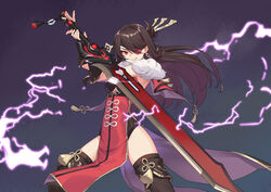  absurdres beidou_(genshin_impact) black_hair blackcliff_slasher_(genshin_impact) commentary_request earrings eyepatch female fighting_stance fur_trim genshin_impact gradient_background hair_ornament happy highres huai_diao_de_zongzi jewelry lightning long_hair looking_at_viewer red_eyes smile solo standing sword thighhighs thighs weapon 