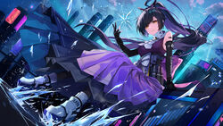  bare_shoulders black_gloves black_hair black_pantyhose black_skirt breasts brown_eyes building cloud cloudy_sky commentary_request cryokinesis dutch_angle elbow_gloves female gloves hirai_yuzuki ice long_hair looking_at_viewer medium_breasts multicolored_hair outdoors pantyhose parted_lips partially_fingerless_gloves pleated_skirt ponytail purple_hair purple_shirt saki_fuwa_(tower_of_fantasy) shirt shoes skirt sky skyscraper sleeveless sleeveless_shirt solo tower_of_fantasy two-tone_hair v-shaped_eyebrows very_long_hair white_footwear 