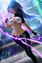  blurry blurry_background breasts cleavage earrings eyewear_on_head female glasses hand_up holding holding_sword holding_weapon jewelry large_breasts lips long_hair navel original parted_lips ross_tran solo stomach sword underboob weapon 