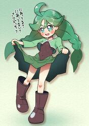  :3 ahoge alternate_costume black_leotard blouse blush blush_stickers boots braid brown_footwear cheryl_(pokemon) cheryl_(pokemon)_(cosplay) clothes_lift commentary_request cosplay covered_navel crop_top female flat_chest full_body fumirumochigashin gradient_background green_background green_eyes green_hair green_shirt green_skirt green_theme hair_flaps hands_up happy highres knee_boots leotard leotard_under_clothes lifting_own_clothes lolicon long_hair long_sleeves looking_at_viewer open_mouth pokemon pokemon_dppt pokemon_legends:_arceus sabi_(pokemon) shirt simple_background skirt skirt_lift smile solo standing talking translation_request twin_braids 