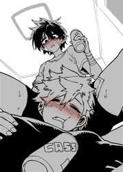  2boys alcohol bandage_on_thigh bandaid bandaid_on_face beer_can blush can commentary drink_can drunk english_commentary from_below greyscale highres jeong_surim lee_hoon looking_down male_focus messy_hair monochrome multiple_boys oerba_yun_fang open_mouth parkgee saliva shirt sleeping suicide_boy sweat t-shirt 