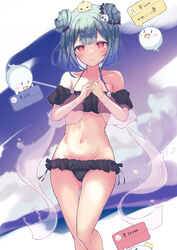  :d absurdres alternate_costume animal_on_head bikini bird black_bikini blue_hair blue_sky chick cloud commentary crown double_bun feet_out_of_frame female frilled_bikini frills ghost gradient_hair gradient_sky green_hair hair_bun hair_ornament highres hololive leopon_pon looking_at_viewer mini_crown multicolored_hair on_head open_mouth pink_sky piyoko_(uruha_rushia) red_eyes see-through see-through_sleeves short_hair skull_hair_ornament sky smile swimsuit translated uruha_rushia virtual_youtuber 