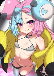  asymmetrical_legwear bad_id bad_twitter_id bikini black_jacket bow-shaped_hair character_hair_ornament closed_mouth collarbone coyomin female grey_thighhighs hair_ornament hexagon_print highres iono_(pokemon) jacket long_hair long_sleeves low-tied_long_hair magnemite mismatched_legwear multicolored_clothes multicolored_hair multicolored_jacket open_clothes open_jacket oversized_clothes pink_hair pokemon pokemon_sv print_bikini single_thighhigh sleeves_past_fingers sleeves_past_wrists split-color_hair swimsuit thigh_strap thighhighs tongue tongue_out two-tone_hair two-tone_jacket very_long_sleeves wide_sleeves x yellow_jacket 