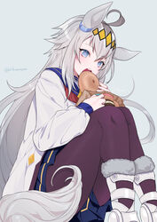  ahoge animal_ears bag blue_eyes blue_sailor_collar blue_skirt boots brown_pantyhose commentary_request doughnut feet_out_of_frame female food fur-trimmed_boots fur_trim grey_background grey_hair grey_tail hair_between_eyes highres holding holding_food horse_ears horse_girl horse_tail knees_up long_hair mitsunari_miyako neckerchief oguri_cap_(umamusume) pantyhose paper_bag pleated_skirt red_neckerchief sailor_collar school_uniform serafuku shirt simple_background sitting skirt solo tail twitter_username umamusume very_long_hair white_footwear white_shirt 