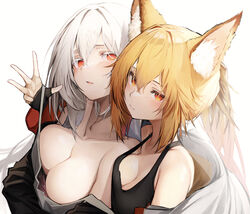  2girls absurdres animal_ear_fluff animal_ears bare_shoulders blonde_hair breast_press breasts cleavage closed_mouth commentary_request commission ellin_meiji hair_between_eyes highres large_breasts lethe_rin medium_breasts multiple_girls original parted_lips red_eyes simple_background skeb_commission tab_head upper_body white_background white_hair yuri 