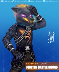  2019 absurd_res anthro armor black_body black_fur canid canine clothed clothing digital_media_(artwork) epic_games fire fortnite fur gatogenerico gloves growling handwear hi_res looking_at_viewer male mammal molten_battle_hound purple_eyes simple_background solo 