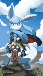  blue_dress blue_eyes blue_sky cape closed_mouth clothed_pokemon cloud cloudy_sky commentary commission cosplay day dress english_commentary fire_emblem fire_emblem_awakening full_body glaceon harlequinwaffles highres holding holding_pokemon honedge lucina_(fire_emblem) lucina_(fire_emblem)_(cosplay) no_humans outdoors photoshop_(medium) pokemon pokemon_(creature) rock sky smile sparkle standing 