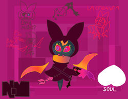  anthro axe bat clothing demon dreamer fangs female floating_wings fur grey_body grey_fur hood luzbel mammal pink_eyes shirt simple_background solo teeth tokki-chan topwear tunic 