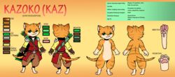  belt belt_buckle bottomwear buckle cape clothing conditional_dnp digitigrade domestic_cat english_text featureless_crotch felid feline felis feral fingerless_gloves fur gloves green_eyes handwear hi_res kazoko_(artist) kazoko_(character) male mammal model_sheet nude pants pawpads paws pink_nose solo standing striped_body striped_fur stripes tabby_cat text 