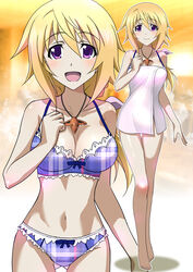  ass_visible_through_thighs barefoot bikini blonde_hair breasts charlotte_dunois cleavage commentary_request cowboy_shot female frilled_bikini frills full_body infinite_stratos jewelry kuroda_ariake long_hair looking_at_viewer low_ponytail medium_breasts multiple_views naked_towel necklace open_mouth pendant plaid plaid_bikini purple_bikini purple_eyes smile standing swimsuit thigh_gap towel zoom_layer 