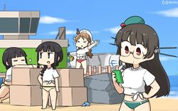  1boy 4girls adapted_costume animal_crossing beach beret bikini bikini_bottom_only black_eyes black_hair blue_sky blunt_bangs boat box braid brown_hair cardboard_box cellphone choukai_(kancolle) choukai_kai_ni_(kancolle) closed_eyes cloud commentary_request dated day dodo_(bird) dual_persona glasses green_bikini green_eyes hair_ornament hair_over_shoulder hair_ribbon hamu_koutarou hat headdress headgear headset highres italia_(kancolle) kantai_collection kitakami_(kancolle) kitakami_kai_ni_(kancolle) littorio_(kancolle) long_hair looking_at_phone multiple_girls one-hour_drawing_challenge outdoors phone ponytail red_bikini red_eyes ribbon rimless_eyewear rock shirt sidelocks single_braid sky standing stretching sunglasses swimsuit t-shirt tied_shirt tress_ribbon water watercraft wavy_hair white_shirt wilbur_(animal_crossing) yellow_bikini 