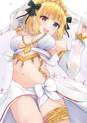  :d arm_up bare_shoulders black_bow blonde_hair blue_eyes blush bow braid breasts chains commentary_request cowboy_shot detached_sleeves female from_below hairbow hand_up heterochromia highres holding jewelry long_sleeves looking_at_viewer medium_breasts navel necklace open_mouth original red_eyes ribbon sarong short_hair simple_background smile solo stomach white_background white_bow white_sleeves yuzuki4no 