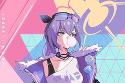  artist_name black_jacket blowing_bubbles character_name eyewear_on_head female fur_collar grey_background grey_eyes hair_ornament honkai:_star_rail honkai_(series) izukei jacket long_hair ponytail shirt silver_wolf_(honkai:_star_rail) single-shoulder_shirt solo sunglasses white_shirt 