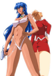  2girls agent_aika aika_(series) back-to-back bare_arms bare_legs bare_shoulders bikini blue_hair breasts brooch brown_hair closed_mouth collarbone commentary_request covered_nipples detached_collar dual_persona earrings enfuku folded_ponytail gun hand_on_own_hip handgun holding holding_gun holding_weapon jacket jewelry large_breasts lipstick long_hair makeup multiple_girls navel panties panty_peek pencil_skirt ponytail red_jacket red_lips red_skirt shivie_aika skirt standing sumeragi_aika swimsuit tan thighs transformation underboob underwear weapon white_background white_panties yellow_eyes 