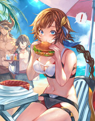  ! 2boys absurdres beach bikini black_hair blue_eyes braid breasts brown_hair burger cain_(granblue_fantasy) cup draph drinking_glass eating eyepatch female food granblue_fantasy highres horns kiriyama2109 leona_(granblue_fantasy) male_swimwear multiple_boys navel ocean outdoors parasol reinhardtzar swim_trunks swimsuit tray umbrella 