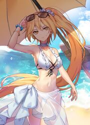  arm_up armpits artist_name bad_id bad_pixiv_id bangle bare_shoulders beach beach_umbrella bead_bracelet beads bikini black-framed_eyewear blonde_hair blue_sky bracelet breasts character_request check_character choker cleavage cloud collarbone day elusha_(joker) eyewear_on_head female forever_7th_capital frilled_bikini frills frown groin hair_ornament hair_scrunchie highres jewelry long_hair looking_at_viewer medium_breasts navel ocean outdoors ponytail risem sarong scrunchie see-through shade sky solo standing stomach sunglasses swimsuit umbrella very_long_hair water wet white_bikini white_choker yellow_eyes 