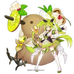  bare_shoulders bird black_gloves boots breasts brooch cherry closed_mouth commentary_request copyright_notice female fingerless_gloves food fruit full_body gloves green_eyes green_hair green_skirt high_ponytail jewelry kiwi_(bird) kiwi_(fruit) kiwi_hair_ornament kiwi_parfait_(sugar_conflict) kiwi_slice medium_breasts miyoshino official_art outstretched_arm pleated_skirt simple_background skirt smile solo standing sugar_conflict sweat thigh_boots whipped_cream white_background white_footwear 