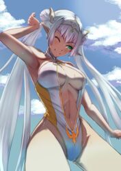  arm_up armpits bare_shoulders blue_sky blush breasts britomart_(fate) britomart_(final_ascension)_(fate) casual_one-piece_swimsuit center_opening cleavage double_bun fate/grand_order fate_(series) female gold_trim green_eyes grey_hair hair_bun hairband highleg highleg_swimsuit highres inugami86 large_breasts long_hair looking_to_the_side navel o-ring one-piece_swimsuit pointy_ears sky solo swimsuit taut_clothes taut_swimsuit thighs twintails two-tone_swimsuit very_long_hair wading wet white_one-piece_swimsuit yellow_one-piece_swimsuit 