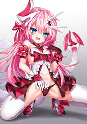  asymmetrical_gloves bare_shoulders blue_eyes ehart female gloves high_heels honkai_(series) honkai_impact_3rd horns long_hair mismatched_gloves oerba_yun_fang open_mouth panties pink_hair rozaliya_olenyeva short_eyebrows single_horn slit_pupils smile solo squatting tail thick_eyebrows thighhighs underwear very_long_hair 