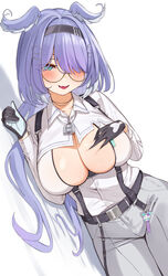  absurdres aqua_eyes belt blue_hair blush breasts choco_tanuki cleavage cleavage_cutout clothing_cutout collared_shirt elira_pendora elira_pendora_(4th_costume) famelira_(elira_pendora) female glasses gloves hair_over_one_eye hairband head_wings highres large_breasts long_hair lying nijisanji nijisanji_en on_side open_mouth pants round_eyewear shirt simple_background smile solo suspenders virtual_youtuber white_background white_shirt wings 