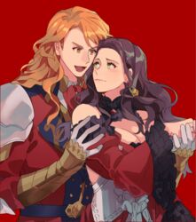  1boy bare_shoulders brown_hair couple dorothea_arnault earrings female ferdinand_von_aegir fire_emblem fire_emblem:_three_houses green_eyes jewelry kkomcce long_hair orange_eyes orange_hair straight 