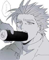  ... 1boy bara deruha_(this_communication) feeding food greyscale highres huge_eyebrows makizushi male_focus monochrome nachos_(chos_na) portrait raised_eyebrow sexually_suggestive short_hair solo_focus spiked_hair sushi this_communication 