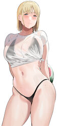  bikini black_bikini blonde_girl_(okpriko) blue_eyes breasts closed_mouth english_commentary female food fruit hair_ornament hairclip highleg highleg_bikini highres large_breasts looking_at_viewer navel okpriko original see-through shirt short_hair short_sleeves solo standing swimsuit tied_shirt watermelon wet wet_clothes wet_shirt white_background 