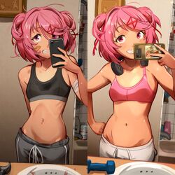  :p absurdres bandaged_arm bandaged_head bandages bandaid bandaid_on_cheek bandaid_on_face bathroom bathtub beer_can before_and_after blood blood_splatter bow bra breasts can clenched_teeth collarbone doki_doki_literature_club drink_can dumbbell english_commentary female grey_pants grin hair_ornament hair_ribbon hairbow hairclip hammer hand_on_own_hip headphones headphones_around_neck highres holding holding_phone inward_v khyle. looking_at_viewer multiple_views natsuki_(doki_doki_literature_club) navel oxygen_mask pants phone photo_(object) pink_bra pink_eyes pink_hair red_bow ribbon ribs school_uniform selfie short_hair sink skinny small_breasts smile teeth tongue tongue_out two_side_up underwear untitled_goose_game v weight_gain when_you_see_it 