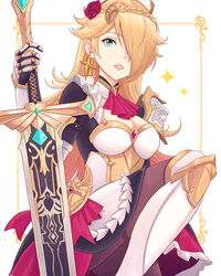  absurdres armor ascot black_dress braid breastplate breasts cleavage commentary cosplay dress english_commentary female flower genshin_impact greaves hair_flower hair_ornament highres holding holding_sword holding_weapon laura_faye_smith looking_at_viewer mario_(series) medium_breasts noelle_(genshin_impact) noelle_(genshin_impact)_(cosplay) parted_lips pink_lips red_ascot red_flower red_rose rosalina rose solo sword truejekart voice_actor_connection weapon white_background 