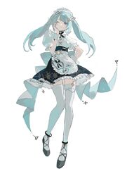  aco_gbfg apron aqua_hair black_footwear closed_mouth faruzan_(cafe)_(genshin_impact) faruzan_(genshin_impact) female full_body genshin_impact green_eyes hair_ornament hand_on_own_cheek hand_on_own_face highres long_hair looking_at_viewer maid maid_apron maid_headdress official_alternate_costume one_eye_closed puffy_sleeves simple_background smile solo thighhighs twintails white_background white_thighhighs x_hair_ornament 