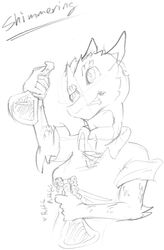  2023 absurd_res alchemist blep breasts bubbling clothed clothing female graphite_(artwork) hi_res holding_flask kobold looking_at_object loskra medium_breasts monochrome non-mammal_breasts pencil_(artwork) pupils shimmering_spectrum slit_pupils solo soraime_the_questionable tongue tongue_out traditional_media_(artwork) 