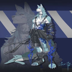  1:1 abstract_background absurd_res anthro awaldkize blue_body blue_fur blue_markings canid chains clothed clothing full-length_portrait fur hi_res male mammal markings mouth_closed muscular muscular_anthro muscular_male neck_tuft portrait solo standing topless tuft white_body white_fur yellow_eyes 