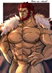  1boy abs absurdres bara beard bulge cape cowboy_shot facial_hair fate/zero fate_(series) fundoshi highres iskandar_(fate) japanese_clothes kageru_(mofnyan) large_pectorals looking_at_viewer male_focus mature_male muscular muscular_male navel nipples no_shirt pectorals red_eyes red_hair short_hair smile solo stomach strongman_waist 