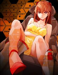  arm_under_breasts bare_shoulders breasts cleavage closed_mouth cockpit collarbone dress dutch_angle entry_plug eyelashes female foot_out_of_frame foreshortening hair_between_eyes hair_ornament high_heels highres interface_headset laio legs long_hair looking_at_viewer medium_breasts neon_genesis_evangelion orange_hair purple_eyes red_footwear short_dress sitting sleeveless sleeveless_dress solo souryuu_asuka_langley strappy_heels toe_cleavage yellow_dress 