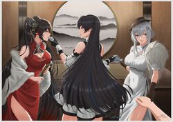  1boy 3girls absurdres black_gloves black_hair blue_hair braid breasts chinese_commentary choko_(cup) cleavage_cutout clothing_cutout coat commandant_(punishing:_gray_raven) commentary cup detached_sleeves dress folding_fan fur-trimmed_coat fur_trim gloves grey_eyes grey_hair hair_ornament hand_fan highres holding holding_cup holding_fan holding_hands jewelry large_breasts liv_(punishing:_gray_raven) long_hair lucia_(punishing:_gray_raven) medium_breasts multicolored_hair multiple_girls open_mouth punishing:_gray_raven purple_eyes red_dress red_eyes red_hair selena_(punishing:_gray_raven) short_hair_with_long_locks short_sleeves skaven_gongcheng_shushi streaked_hair teacup teeth twintails upper_teeth_only white_coat white_dress x_hair_ornament 