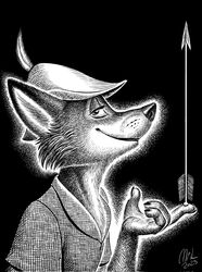  2023 anthro arrow_(weapon) balancing balancing_object canid canine claws clothed clothing disney fox fur half-closed_eyes half-length_portrait hat hat_feather headgear headwear hi_res looking_at_viewer loose_feather male mammal monochrome mouth_closed narrowed_eyes nikraccoom portrait ranged_weapon red_fox robin_hood robin_hood_(disney) shirt side_view signature smile smiling_at_viewer smirk smirking_at_viewer solo topwear true_fox tunic weapon 