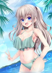  :d alternate_costume aqua_bikini bare_arms bare_shoulders bikini blue_eyes blue_sky blush bow bow_bikini breasts charlotte_(anime) collarbone colored_eyelashes commentary_request cowboy_shot day eyelashes eyes_visible_through_hair female grey_hair hair_between_eyes half_updo halterneck hand_on_own_hip happy highres lens_flare long_hair looking_at_viewer minatoto navel open_mouth outdoors palm_leaf shiny_skin short_ponytail sidelocks sky smile solo sparkle standing stomach swimsuit tomori_nao v very_long_hair wading water wavy_hair wet 