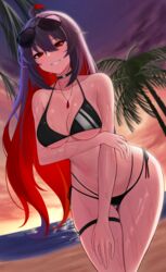  absurdres aircell alternate_costume bare_shoulders bikini black_bikini black_hair breasts colored_inner_hair dawn female hair_between_eyes halterneck highres honkai_(series) honkai_impact_3rd jewelry long_hair looking_at_viewer multicolored_hair necklace ocean red_eyes red_hair seele_(alter_ego) seele_vollerei seele_vollerei_(starchasm_nyx) side-tie_bikini_bottom smile solo string_bikini swimsuit very_long_hair 