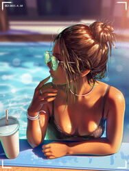  a.x. battery_indicator bikini black_bikini blurry blurry_background bracelet breasts brown_eyes brown_hair cup disposable_cup drinking_straw female hair_bun jewelry light_particles looking_to_the_side medium_breasts mole mole_under_mouth original outdoors partially_submerged pool recording ring shiny_skin solo sunglasses swimsuit tan viewfinder 