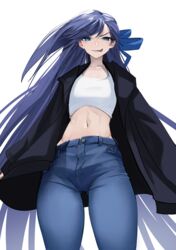  absurdres black_jacket blue_eyes blue_pants blue_ribbon breasts cropped_shirt denim fate/grand_order fate_(series) female hair_ribbon highres jacket jeans long_hair long_sleeves looking_at_viewer meltryllis_(fate) midriff navel obazzotto open_clothes open_jacket pants purple_hair ribbon shirt small_breasts smile solo thighs tongue tongue_out very_long_hair white_shirt 