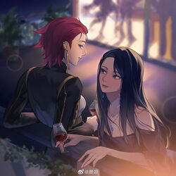  2girls alternate_costume artist_name black_hair blue_eyes caitlyn_(league_of_legends) closed_mouth cup detached_sleeves dress earrings highres holding holding_cup jewelry league_of_legends light_particles long_hair long_sleeves miix777 multiple_girls necklace outdoors pink_hair shadow short_hair smile vi_(league_of_legends) window 