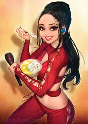  artist_name black_hair bowl brown_eyes cleavage_cutout clothing_cutout cross-laced_clothes cross-laced_pants cross-laced_sleeves earrings female food holding holding_bowl holding_microphone holding_spoon jewelry lips long_hair mango microphone neoartcore original pants red_pants rice shadow smile solo spoon tan thai_commentary 