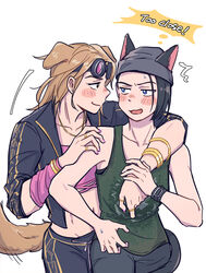  2girls abs animal_ears arm_around_neck arm_warmers armband bad_id bad_twitter_id beanie black_hair black_jacket black_pants blonde_hair blue_eyes blush bracelet brown_eyes cat_ears cat_girl cat_tail closed_mouth collarbone couple dead_by_daylight dog_ears dog_girl dog_tail english_text eye_contact fang_out goggles goggles_on_head green_tank_top hat highres jacket jewelry kemonomimi_mode kimura_yui looking_at_another medium_hair multiple_girls navel nea_karlsson oerba_yun_fang open_clothes open_jacket open_mouth pants pink_tube_top profile raised_eyebrows ring short_hair strapless sweatdrop tail tank_top thought_bubble tube_top wasted_m9 white_background yuri 