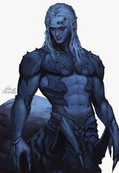  1boy abs arachne_boy artist_name baldur&#039;s_gate baldur&#039;s_gate_3 black_sclera blue_hair blue_skin carapace claws clothing_cutout colored_sclera colored_skin commentary cowboy_shot dungeons_&amp;_dragons english_commentary extra_eyes frown furrowed_brow glowing glowing_eyes highres joints kar&#039;niss looking_to_the_side male_focus medium_hair monster_boy pointy_ears red_eyes replica004 scar scar_on_cheek scar_on_face signature simple_background solo spider_boy stomach_cutout taur white_background 