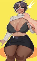  assisted_exposure bon_(vtuber) bra breasts cleavage clothes_grab clothes_lift commentary commission dark-skinned_female dark_skin english_commentary female highres huge_breasts indie_virtual_youtuber oerba_yun_fang panties pantyhose pantyshot second-party_source shirt short_hair skirt solo strongmoist surprised sweater thick_thighs thighs underwear virtual_youtuber wide_hips 