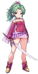  breasts cape closed_mouth detached_sleeves earrings female final_fantasy final_fantasy_vi full_body green_hair hair_ribbon holding holding_sword holding_weapon jewelry karukan_(monjya) leotard long_hair looking_at_viewer ponytail red_leotard ribbon simple_background solo sword terra_branford weapon white_background 